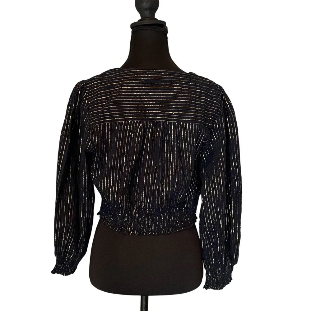 Boden‎ Navy Blue Gold Stripe Lurex Smocked Waist Cropped Blouse Top UK 10 US 6
